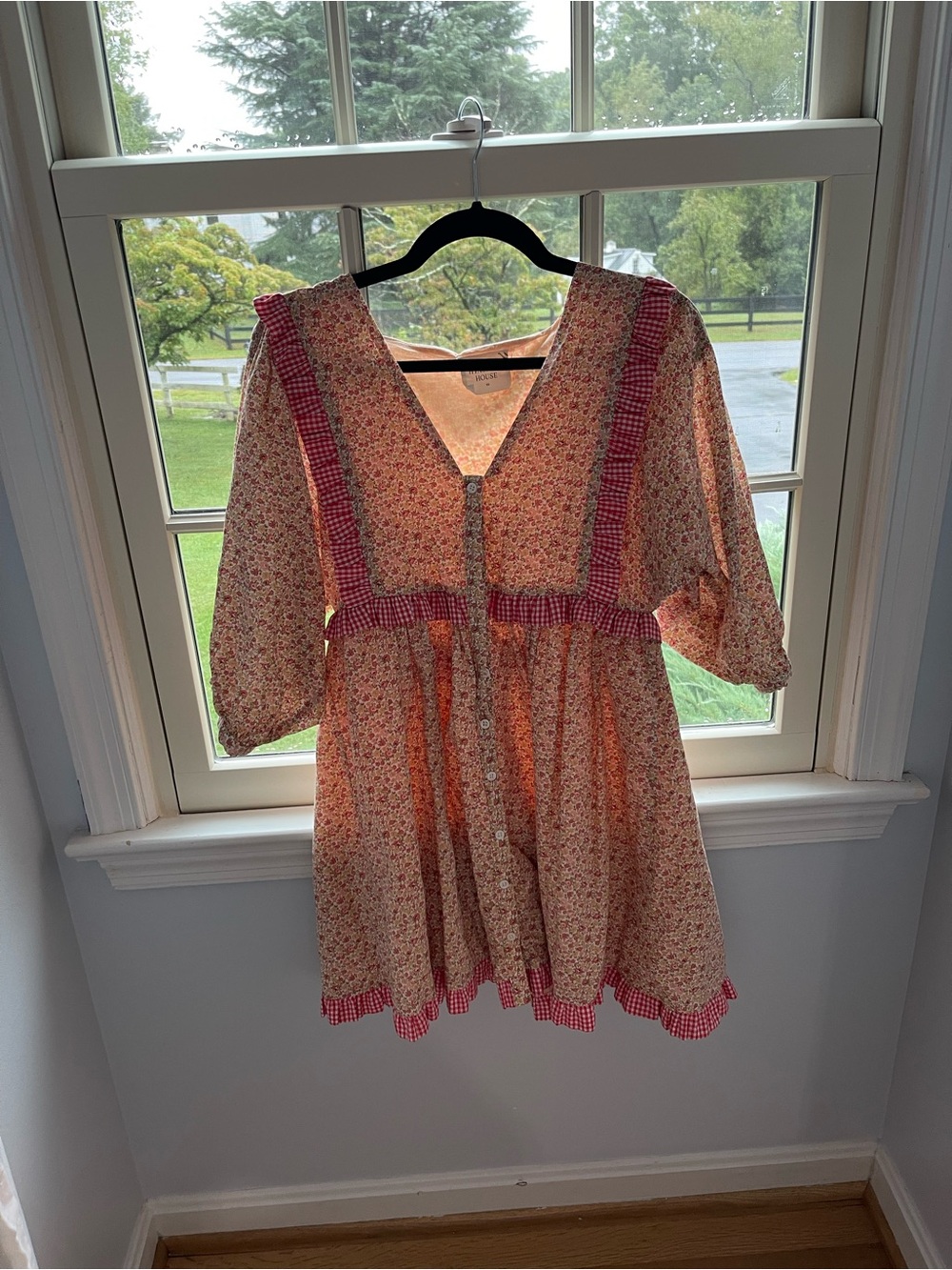 Boho Floral Mini Dress with Pink Gingham Trim